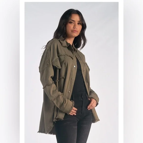 NWT Elan Dawn All You Need Is Love Distressed Jacket/Shacket Olive Green Medium - Picture 5 of 10